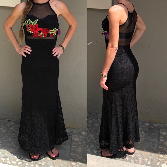 Windsor Dresses & Skirts - Black Halter Floral Lace Black Maxi Aline Dress
